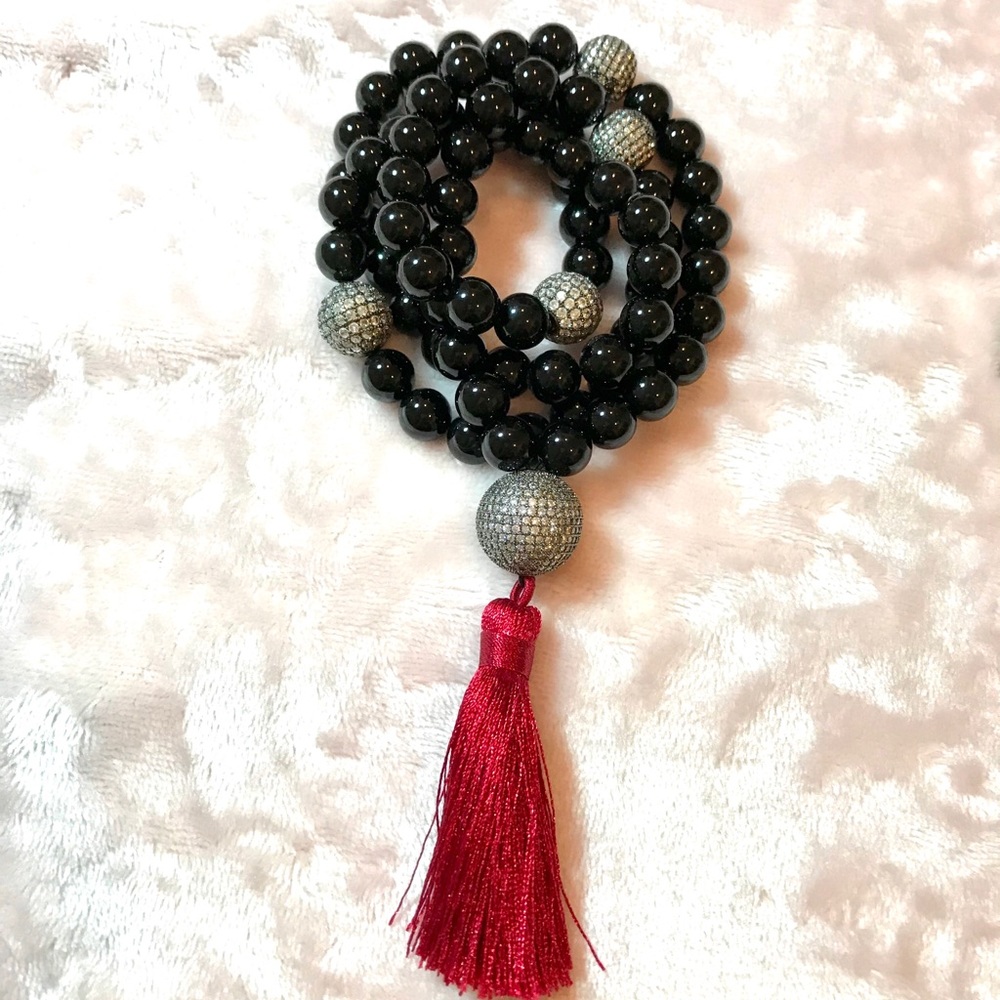 Black Onyx Bead Necklace Pave CZ Bead Accents - Picture 3 of 4